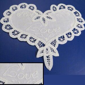 Love Embroidered Battenberg Lace Heart Dresser, Table, Wedding, Valentines